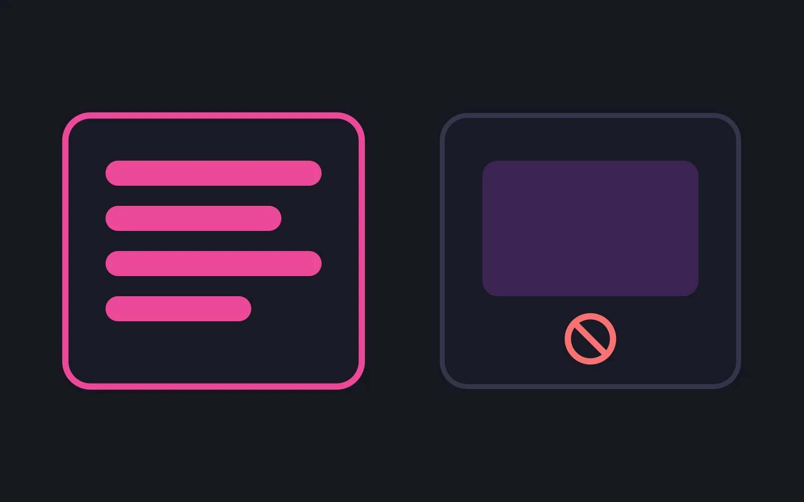 Two file boxes side by side, the left one outlined in deep pink holding four neat structured rows, the right one muted and holding a single flat solid block with a small circle crossed by a diagonal slash beneath it