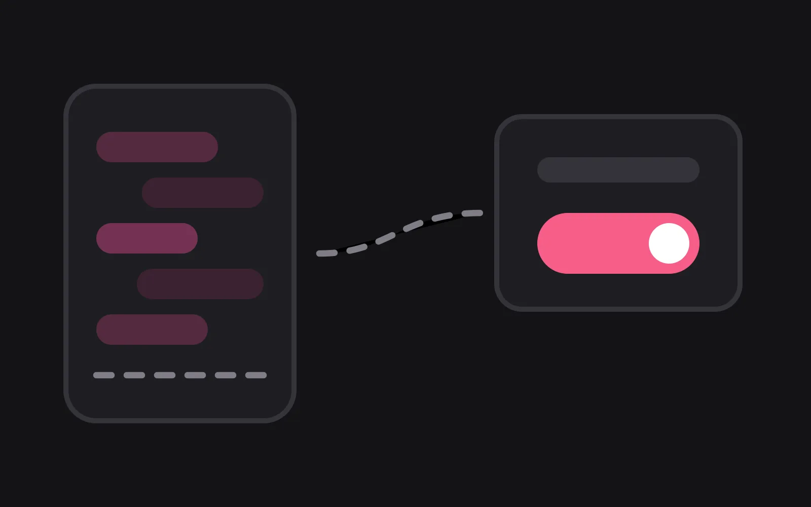 A phone frame of chat bubbles with a dashed line where a cancel button is not, and a dashed path leading out to a separate panel holding a bright toggle switch