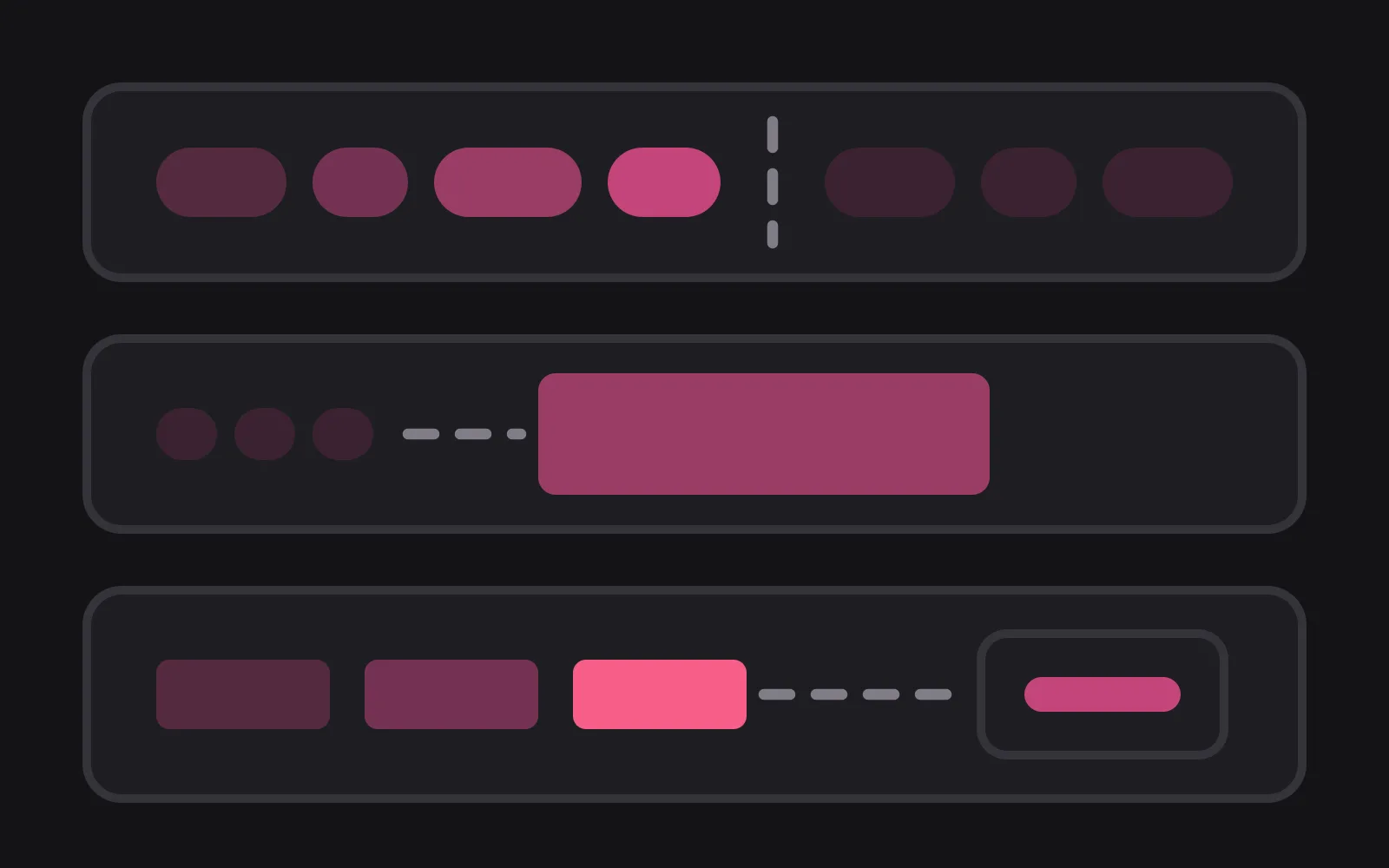 Three stacked panels: a run of bubbles cut off by a dashed line, three small bubbles condensed by a dashed arrow into one wide block, and a row of note cards with the deepest one dashed across into a framed reply