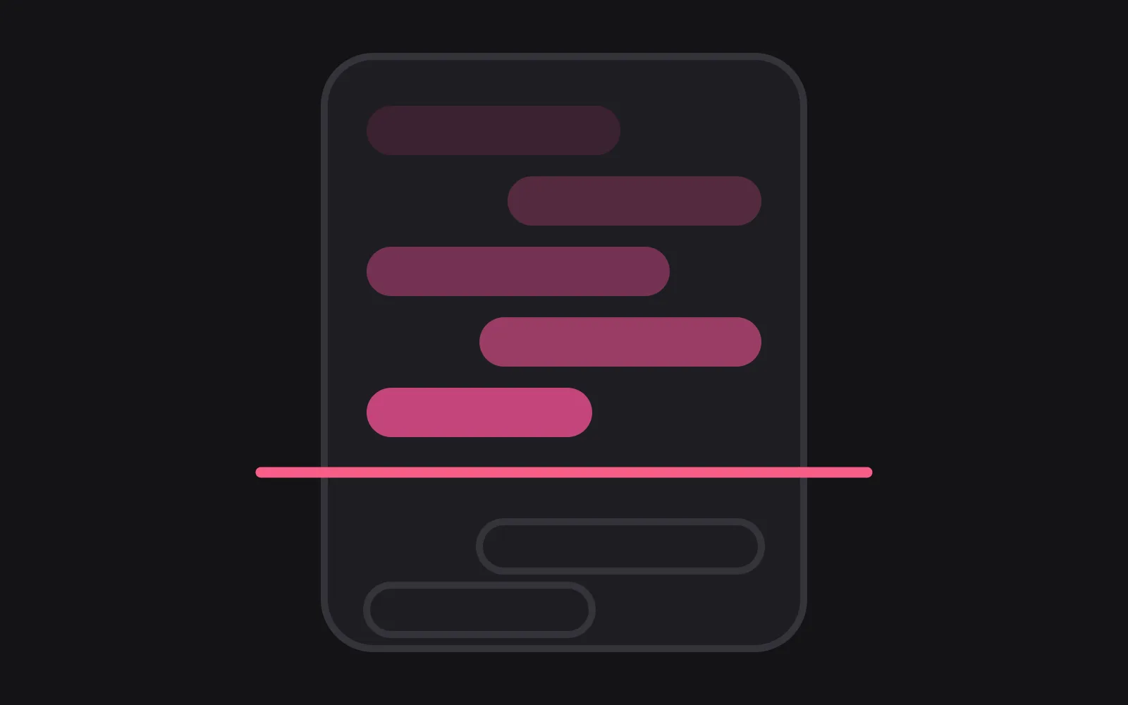 A phone frame of stacked chat bubbles deepening in colour down the screen, cut across by a solid line, with two empty outlined bubbles below it