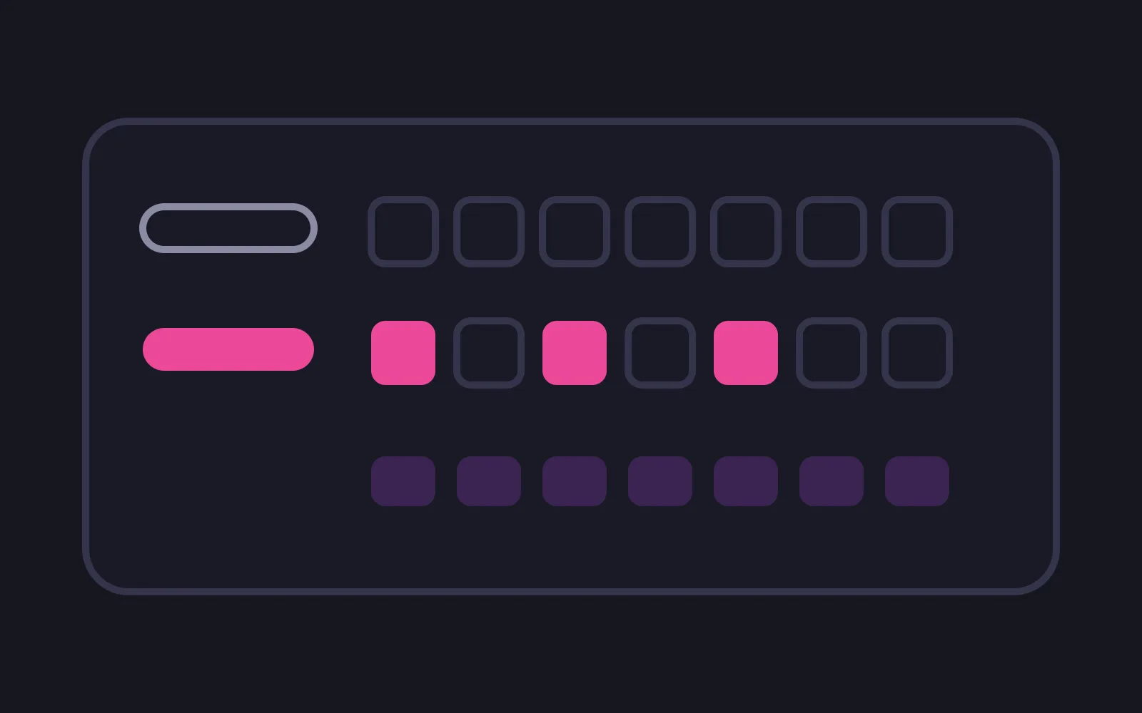 Two permission rows above a row of seven day tiles, the upper row muted with no marks and the lower row deep pink with filled marks under three of the seven days