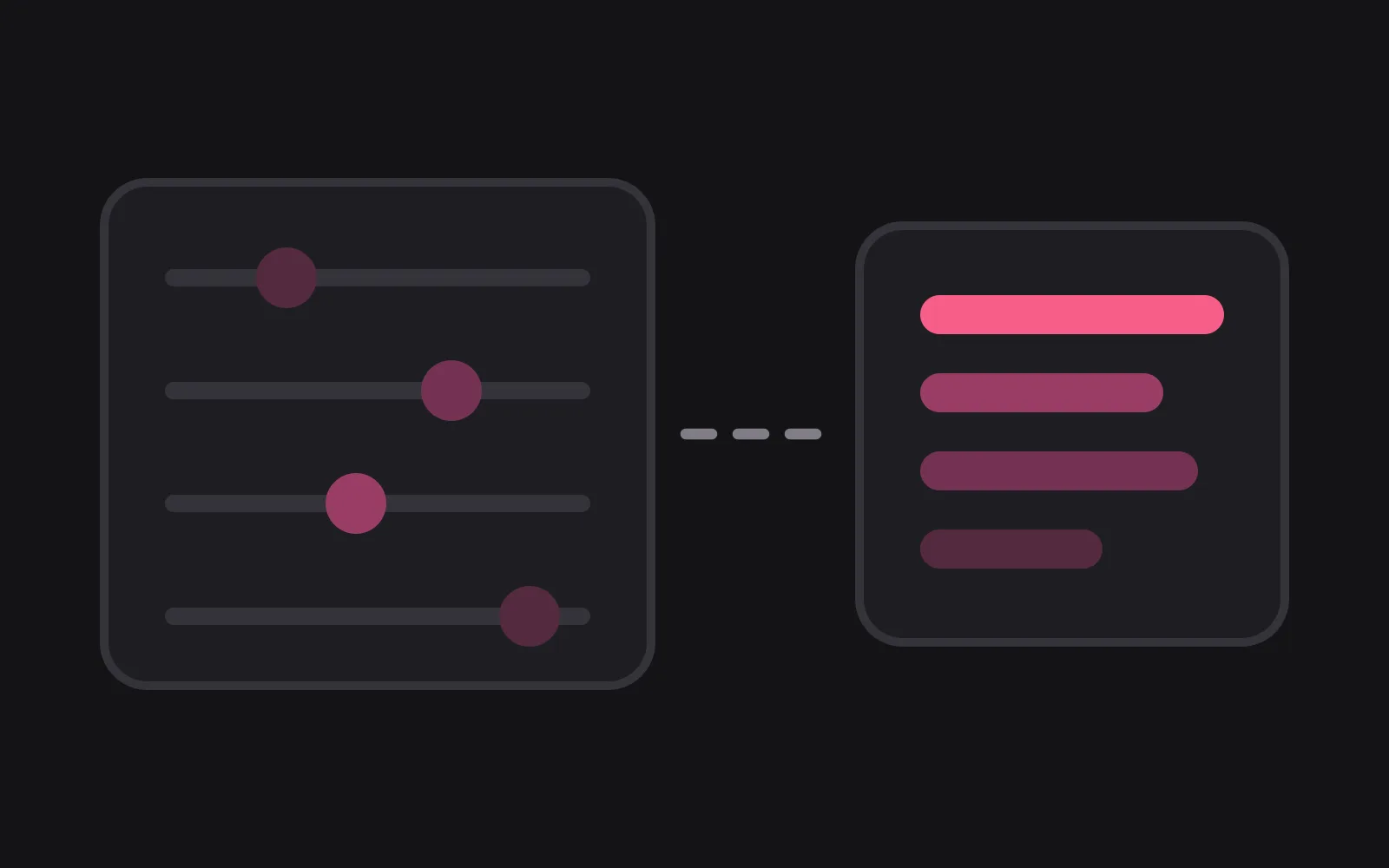 A panel of four slider tracks with muted knobs, a dashed line running from it to a card of stacked instruction bars, the top bar in the deepest colour