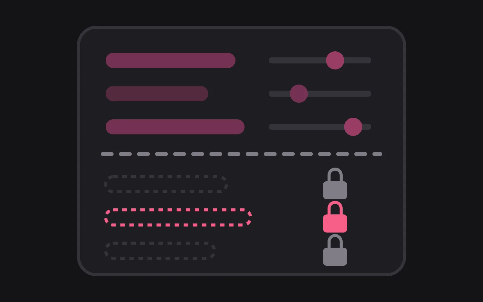 A settings panel with three rows drawn solid and three drawn as dashed outlines beside small locks, the middle locked row picked out in the deepest colour