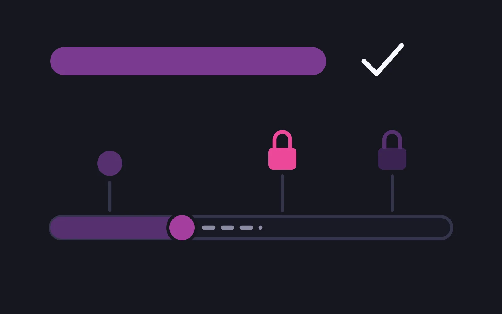 A solid purple tier bar with a white check above a progress track filled a third of the way, a marker on the fill, and two padlocks further along the track on thin stems, the nearer one bright pink