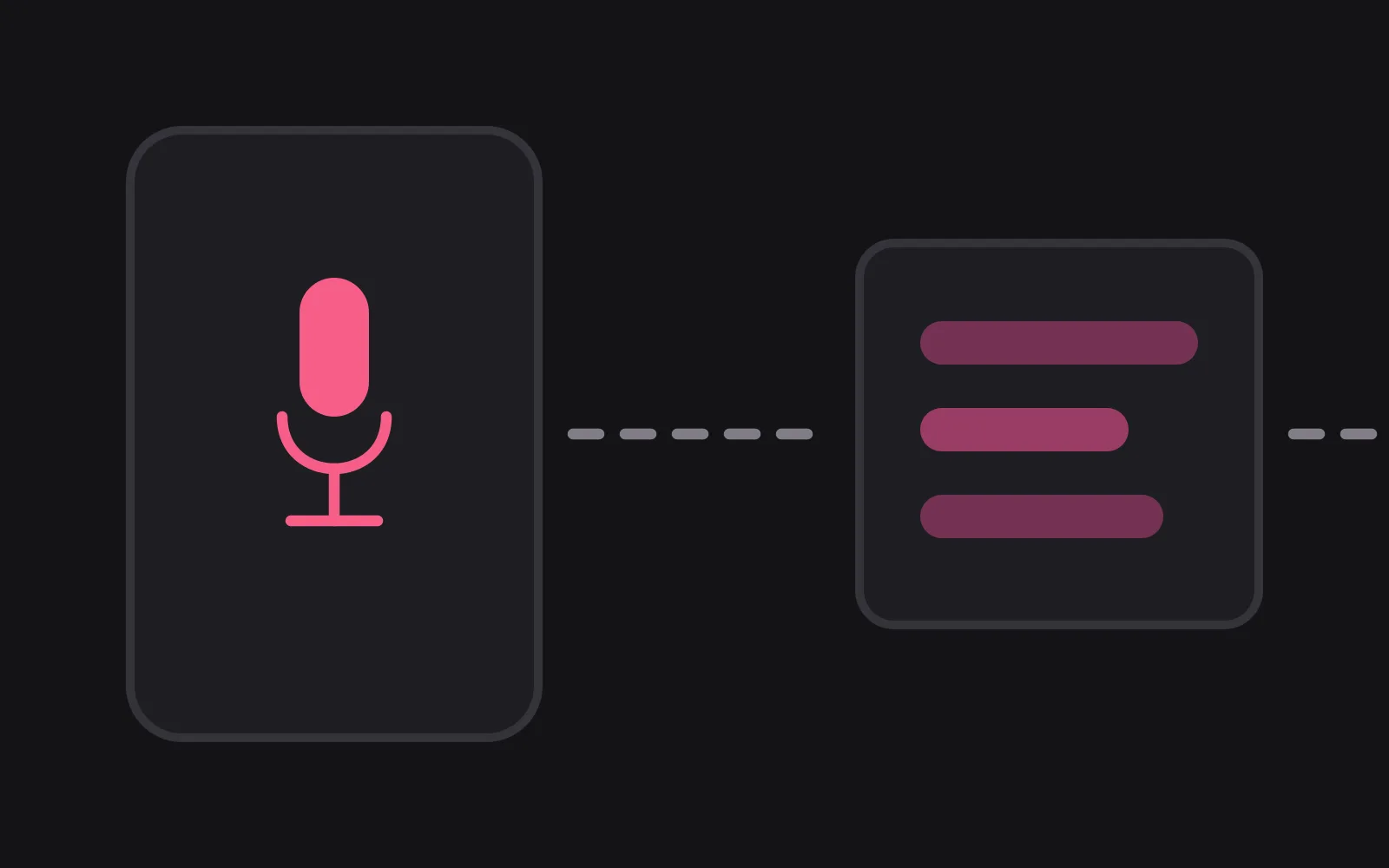 A phone frame holding a bright microphone shape, a dashed path leaving it to a panel of three stacked stored clips, and the path continuing off the edge of the frame