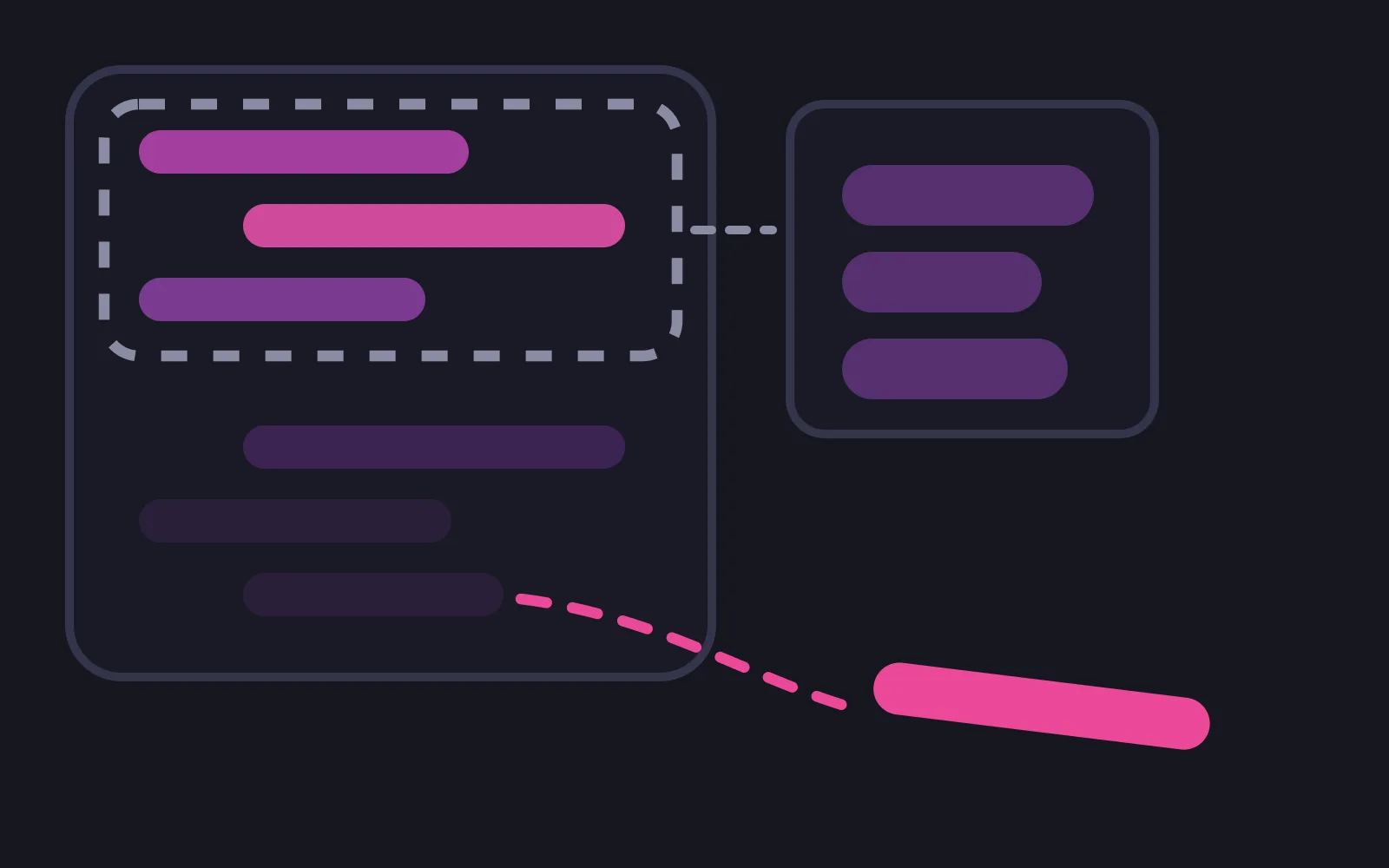 A tall stack of message rows with a dashed window frame around only the top few, three small saved fact chips beside it, and one deep-pink row falling away below the frame