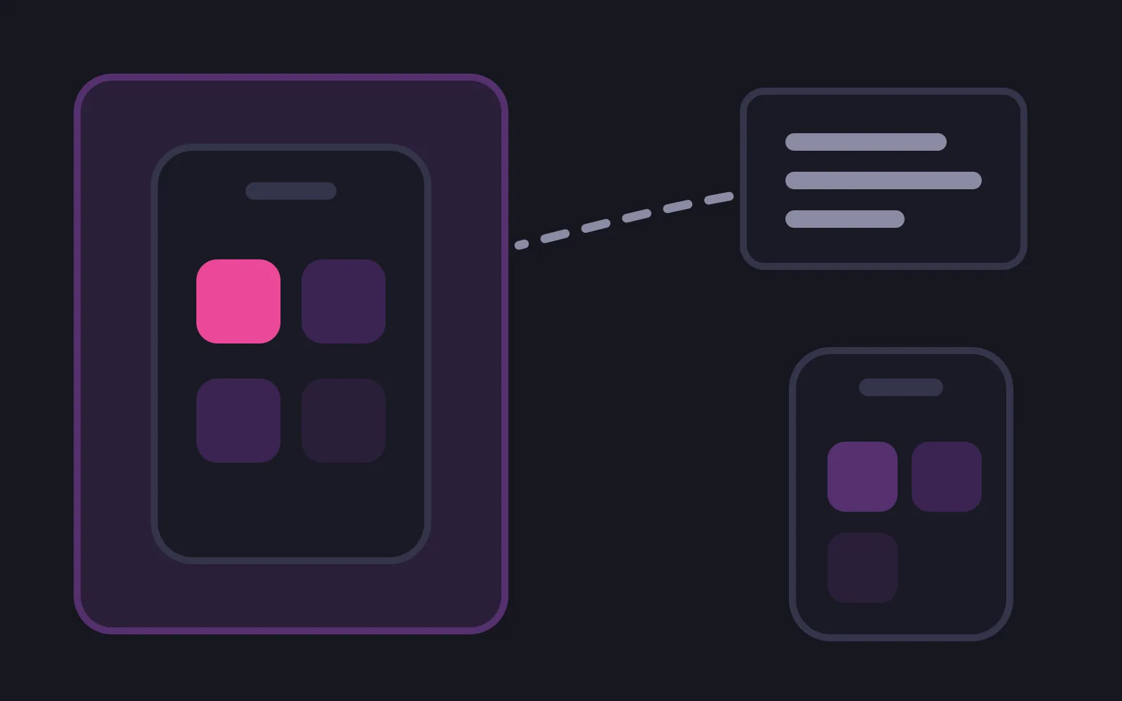 A phone frame with one deep pink app tile sitting inside a pale bordered box that a server box connects to with a dashed line, and a second phone outside the box with only muted tiles