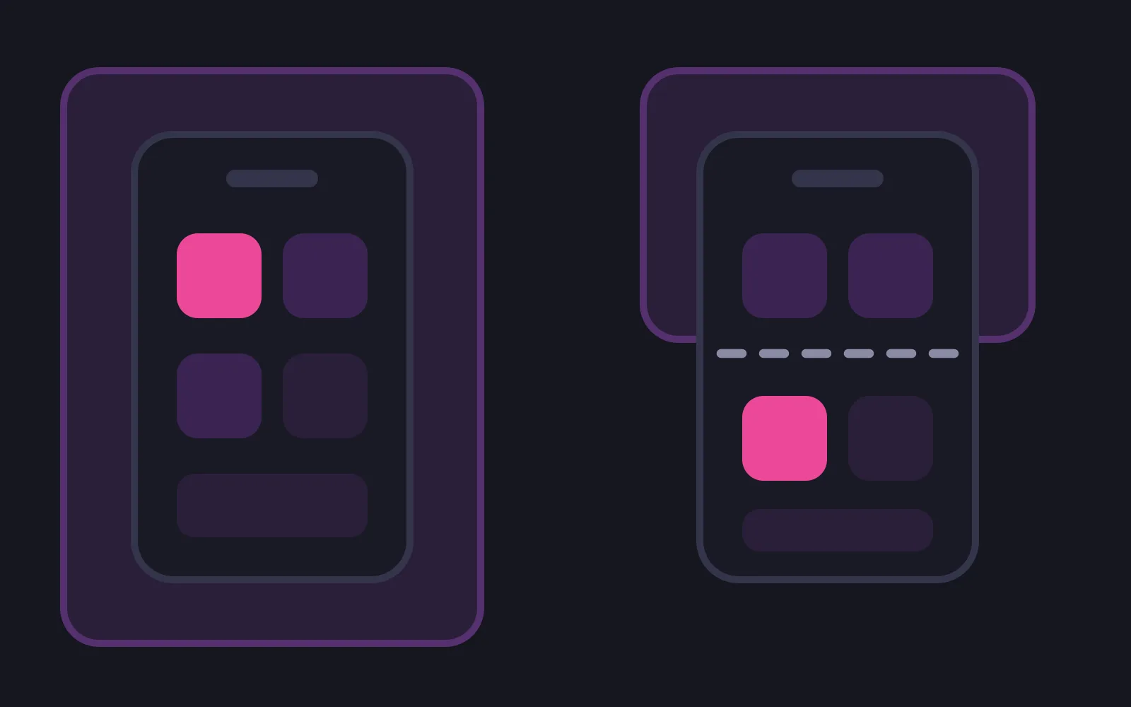Two phone frames: the left one sits entirely inside a pale bordered box with a deep pink app tile among its tiles, the right one has only its upper half inside the box, with a dashed line across the middle and the deep pink tile below in the unenclosed half