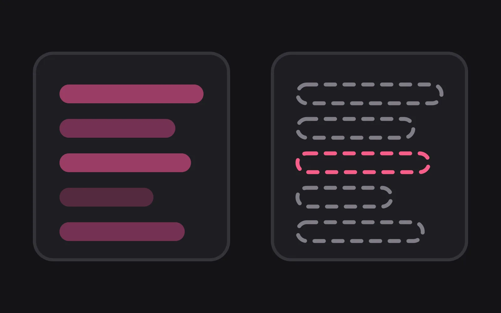 Two panels side by side, the left filled with solid bars and the right holding the same rows as empty dashed outlines, the middle one picked out in the deepest colour