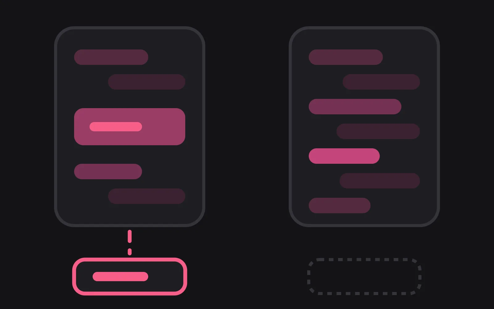 Two phone frames of the same app: the left has an advertising block among the chat bubbles and a dashed line leaving it to a filled box below, the right has no ad block and an empty outline below