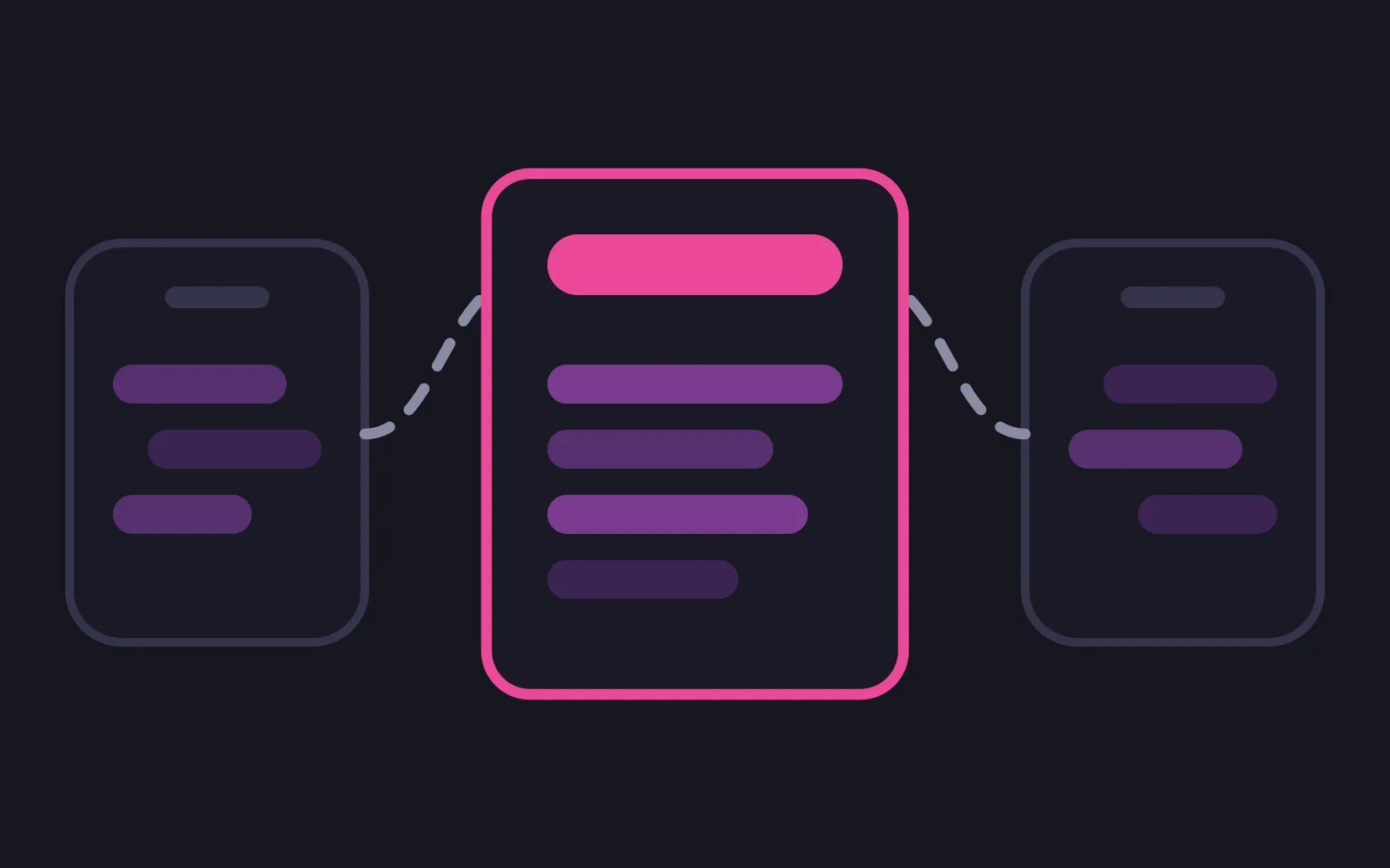 Two phone frames at the edges of the frame, each joined by a dashed path to a single deep pink bordered box holding one deep pink bar above four muted note bars