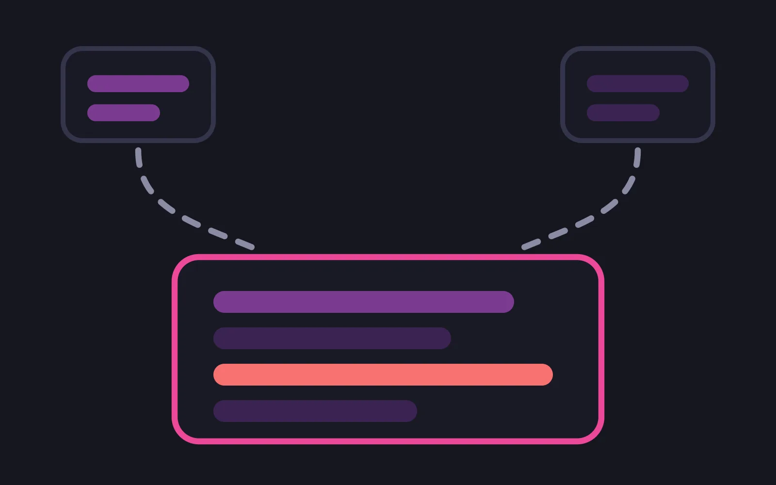 Two small panels at the top of the frame, each holding note bars in a different shade, with dashed paths curving down into one deep pink bordered store where the bars sit interleaved and one is drawn in red