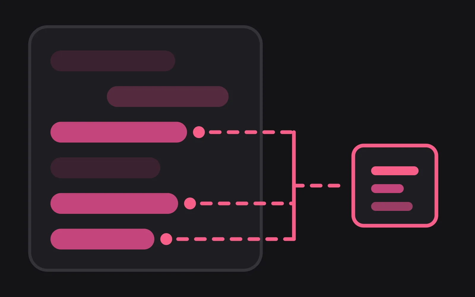 A chat frame of pale message bubbles where three carry a deep pink marker dot, and a dashed pink line collects only those three and carries them out of the frame into a closed box